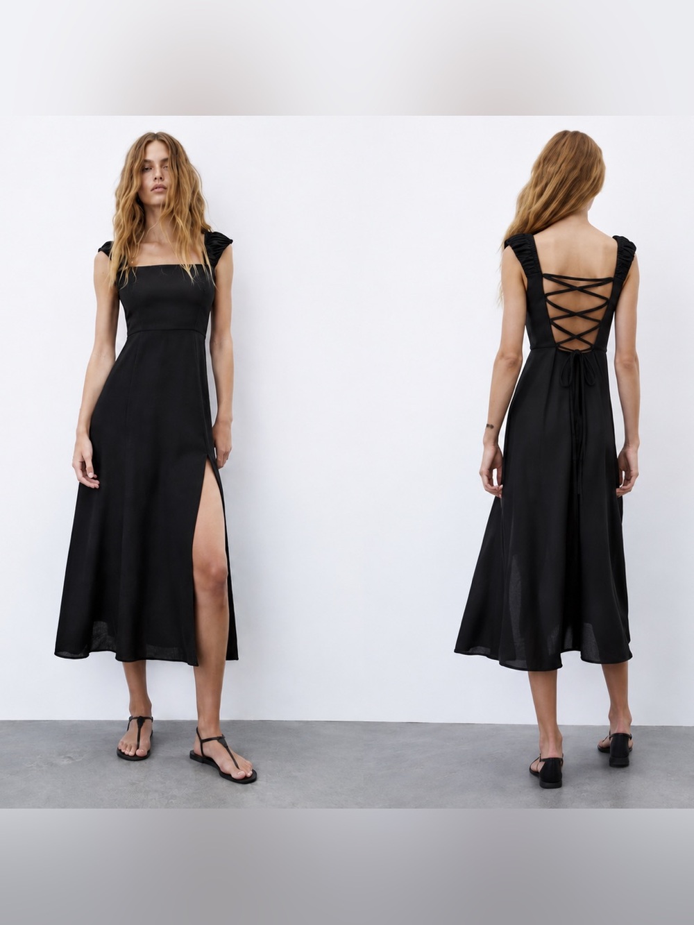 ZARA Black Linen Blend Maxi Dress Open Back Lace Up Side Slit Size S